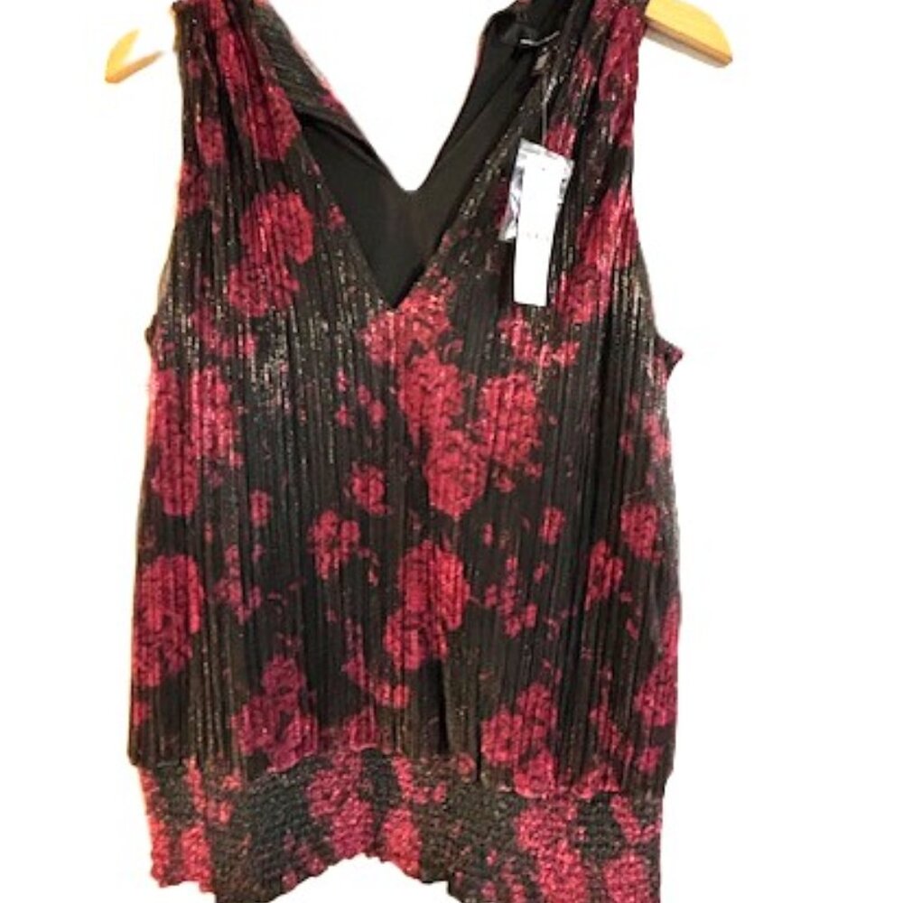 NWT WHBM Black Pleated Tank Top with V-neckline and Floral Print, Small